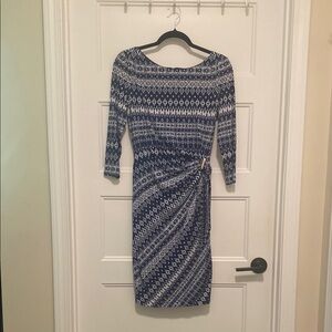 Tahari ASL Blue and White Ruched Sheath Dress